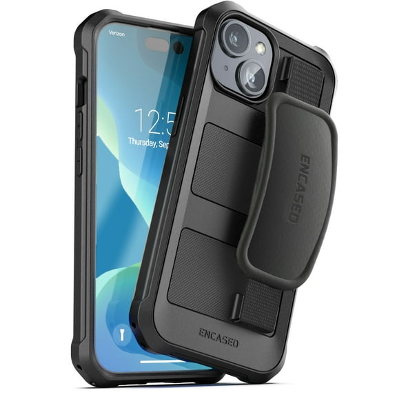Encased Falcon Designed for iPhone 15 Case with Hand Strap, Protective Full Body Phone Protection Case (Black)