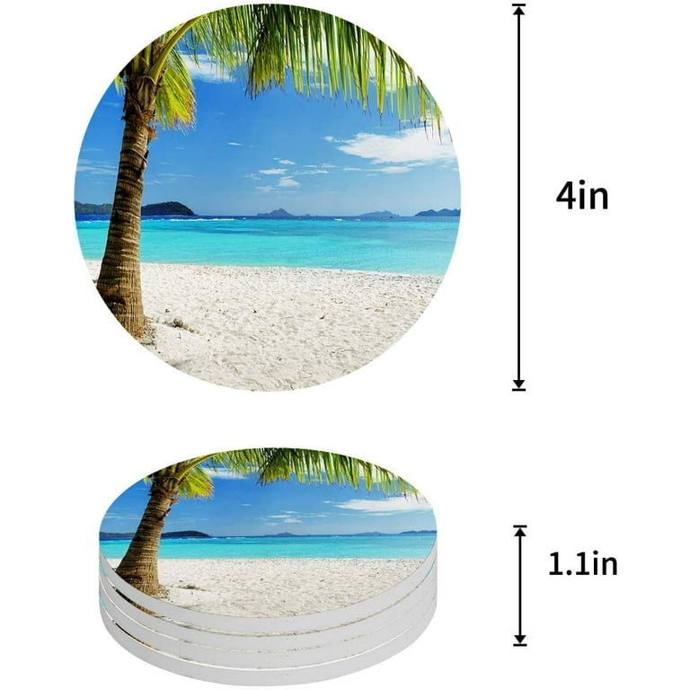 ZHANZZK Tropical Island with The Palm Trees and Clear Sea Beach Theme Print Set of 4 Round Coaster for Drinks Absorbent Ceramic Stone Coasters Cup