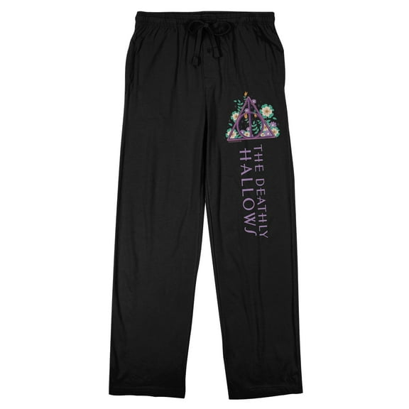 Harry Potter Deathly Hallows Floral Logo Men's Black Drawstring Sleep Pants-Medium