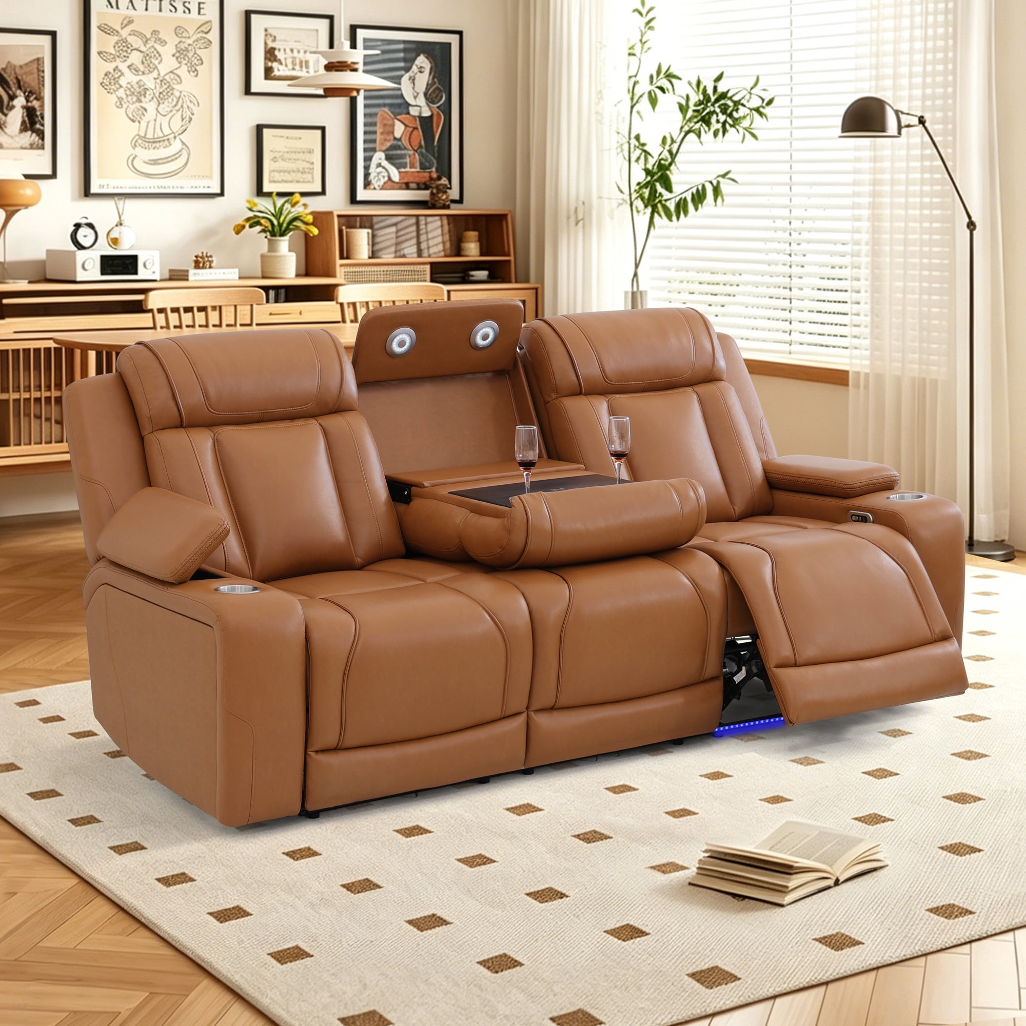 Gewnee 3‑Seater Power Recliner Sofa, Air Leather, USB & Type‑C Wireless Charging, Armrest Storage, Flip‑Up Tea Table, LED Light, Home Theater Seating for Living Room，Orange Yellow