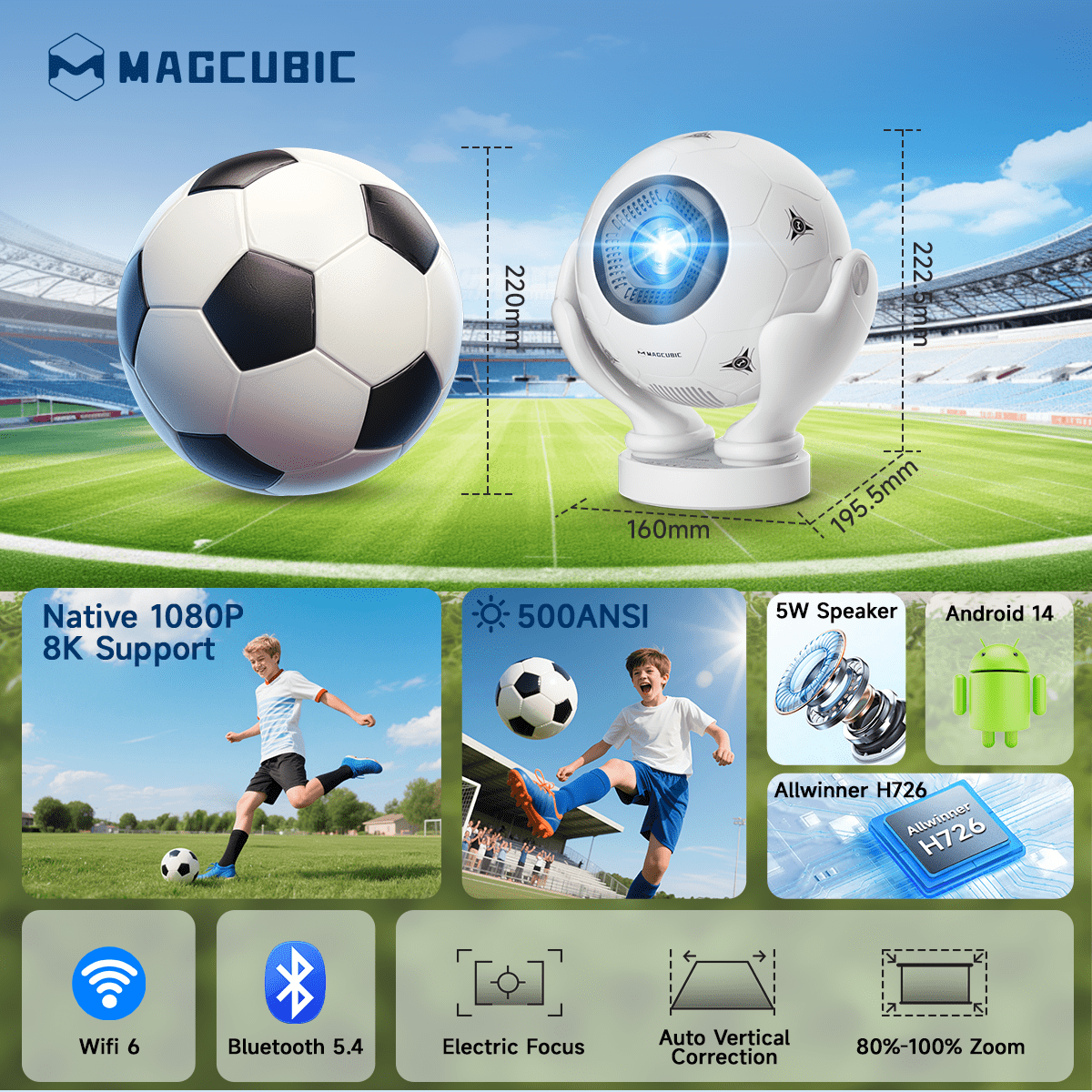 Magcubic Soccer-Themed 8K Support Native 1080P Projector, 500 ANSI Portable Projector with WiFi 6 & BT 5.4, Electric Focus, Auto Keystone, 180° Rotatable, Mini Projector for Home & Outdoor HY320F