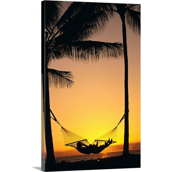 Great BIG Canvas | Dana Edmunds Premium Thick-Wrap Canvas entitled Silhouetted Couple Laying In Hammock On Beach At Sunset