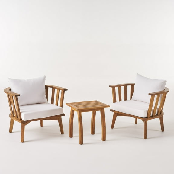GDF Studio Simona Outdoor Acacia Wood 2 Seater Club Chairs and Side Table Set, Teak and White