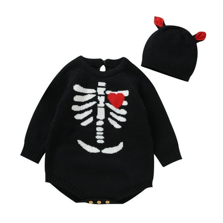 

Baby Boys Girls Rompers Halloween Oversized Toddler Newborn Costumes Bodysuits Crewneck Long Sleeve Skeleton Knitted Sweater With Hat Infant Jumpsuit Kids Onesie Playsuit Black 0-3 Months