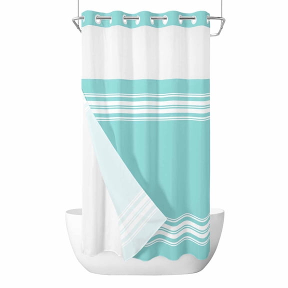 No Hook Shower Curtain, Aqua Striped Small Shower Curtains with Snap in Liner, Luxurious White Stripes Modern Abstract Art Waterproof Washable Fabric Bathroom Curtain Sets, 36"W x 72"L