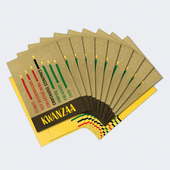 Tree-Free Greetings Kwanzaa 12 Pack with Matching Envelopes, Eco Friendly, Made in USA, 100% Recycled Paper, 5"x7", Seven Candles on Tan (HP60621)