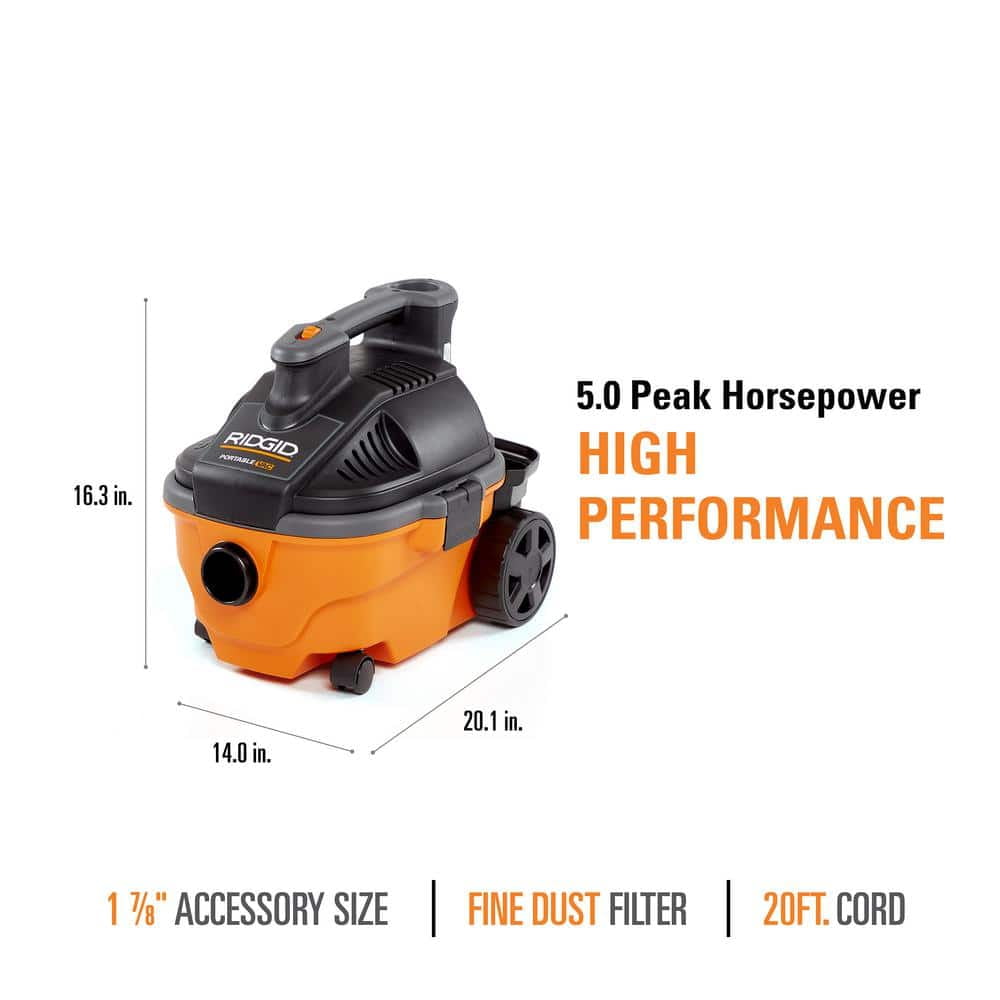 4 Gallon 5.0 Peak HP Portable Shop Vac Wet Dry Vacuum with Fine Dust Filter, Locking Hose and Accessories