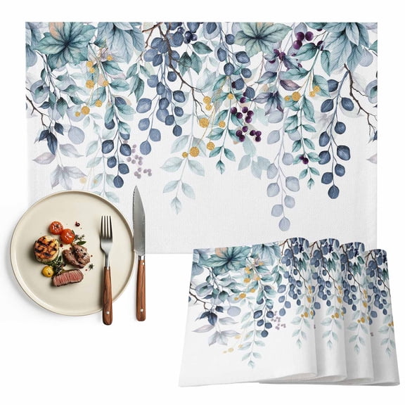 Blue Green Christmas Eucalyptus Leaf Placemats Set of 6, Summer Winter Floral Table Mats Washable Heat-Insulation Non-Slip Place Mats for Kitchen Dinner Table Indoor Outdoor Decor,13x19 Inch White