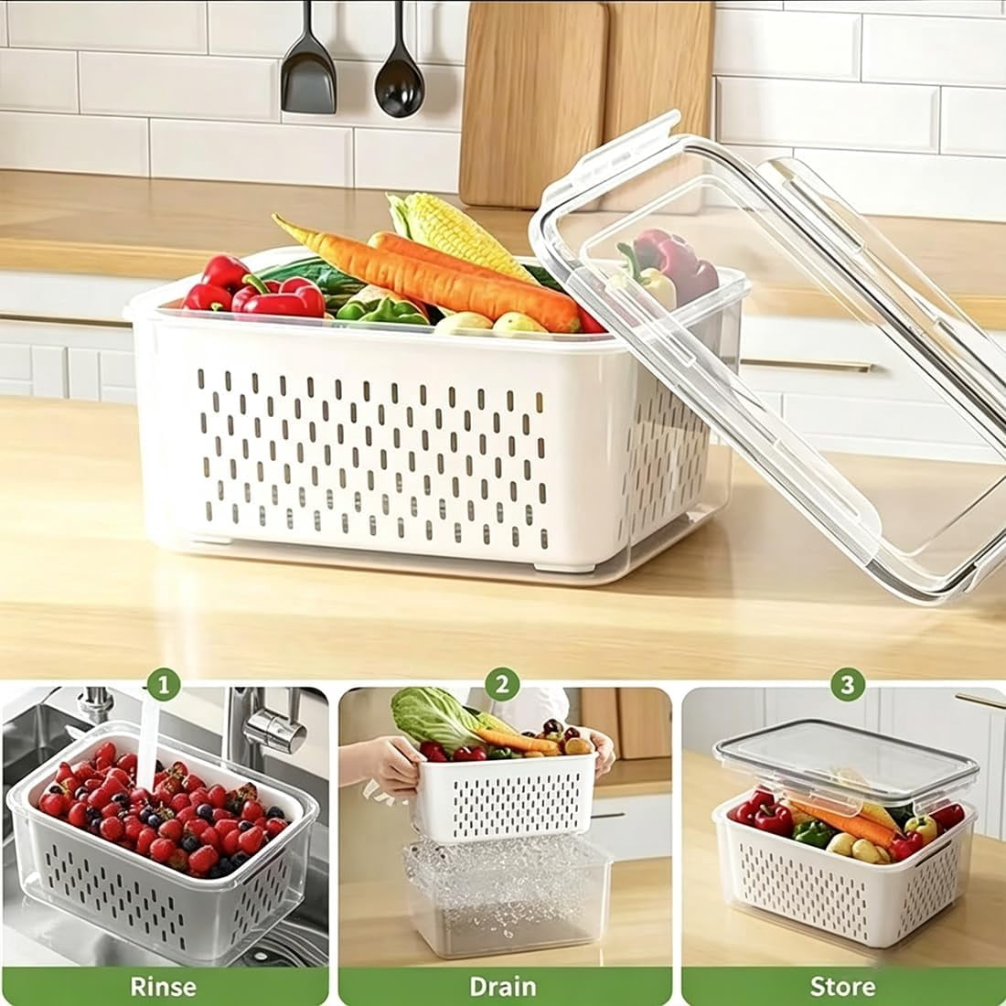 5 Pack Produce Storage Containers for Fridge, Stackable Fruit Storage Containers for Fridge, Fridge Organizers and Storage with Lids for Berry Vegetable Salad Lettuce Meat Food