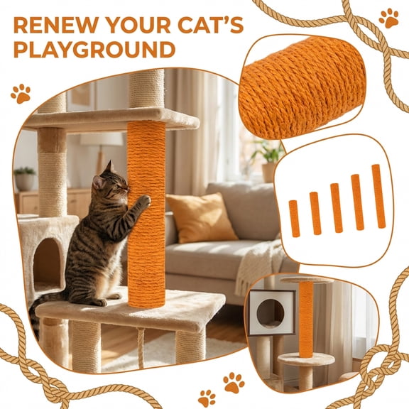 Natural Sisal Cat Scratching Post Replacement Rope for Cat Tree Repair, Durable Scratch Post Refill Accessory for Furniture Protection and Daily Cat Claw Exercise