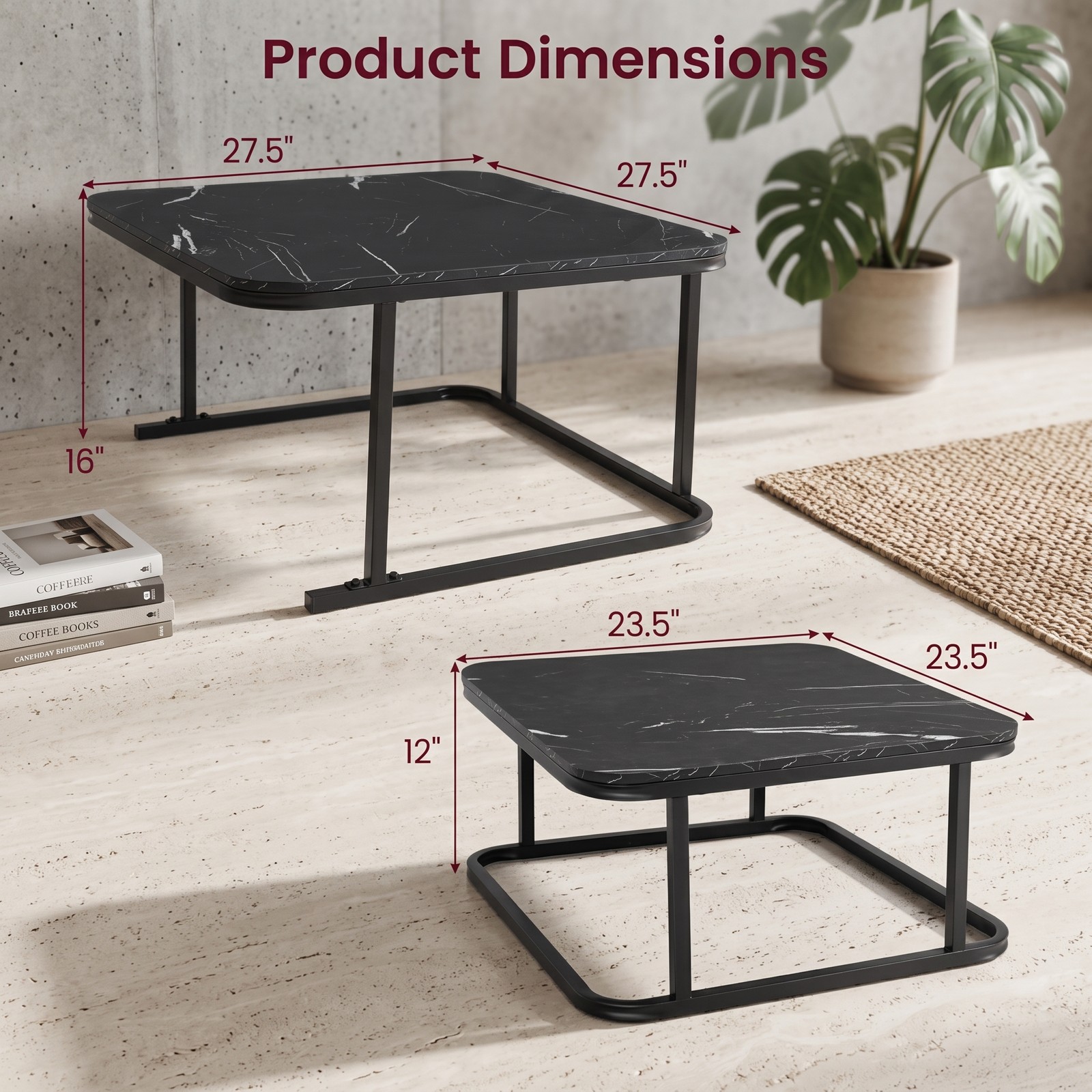 Furnibear Nesting Coffee Table Set of 2, Faux Marble Top Cocktail Tables with Powder-Coated Metal Frame, Stackable Space-Saving Round-Corner Side End Tables for, Black