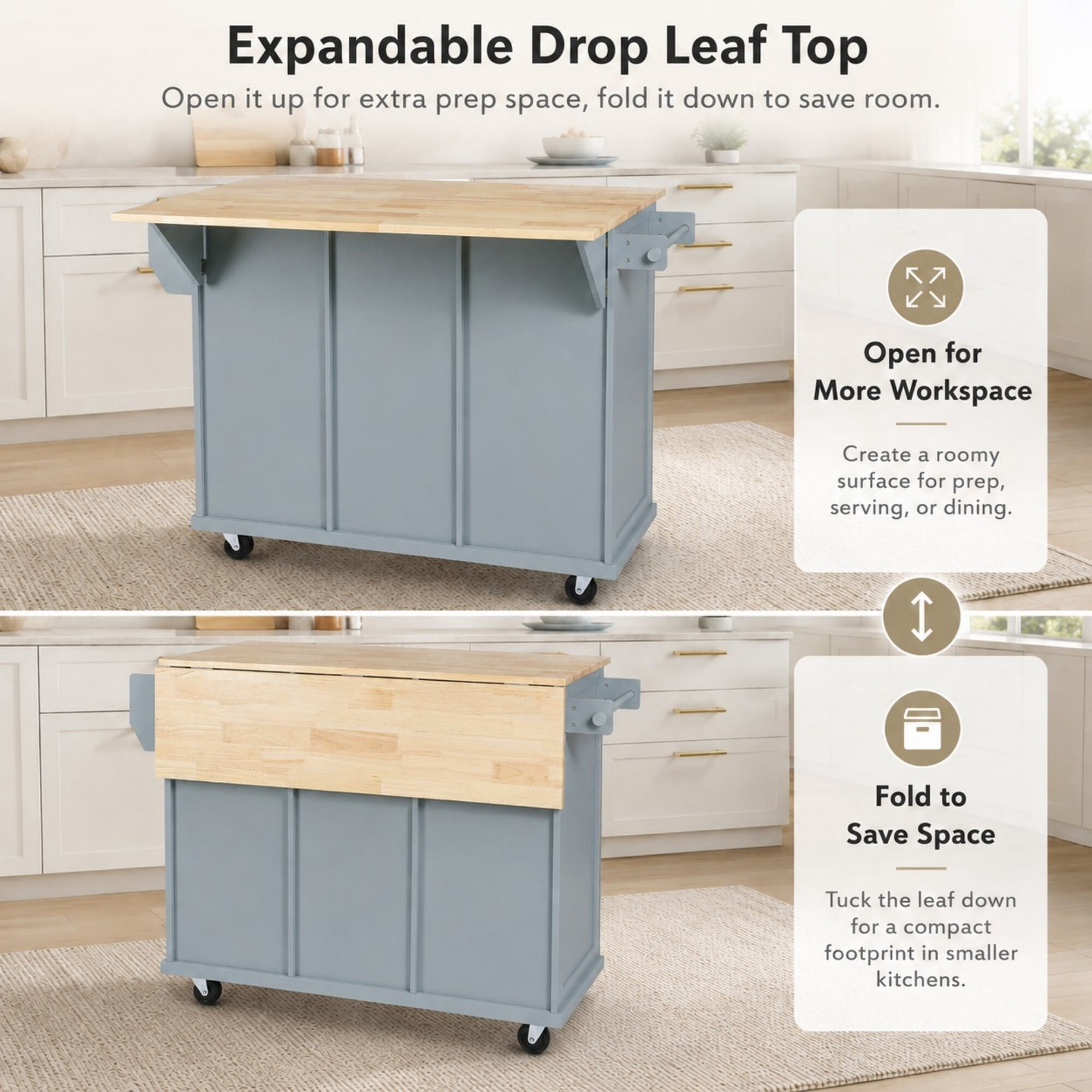DEALTOPS 53" Kitchen Island Cart on Wheels with Drop Leaf, Storage Cabinet and 3 Drawers, Blue Gray