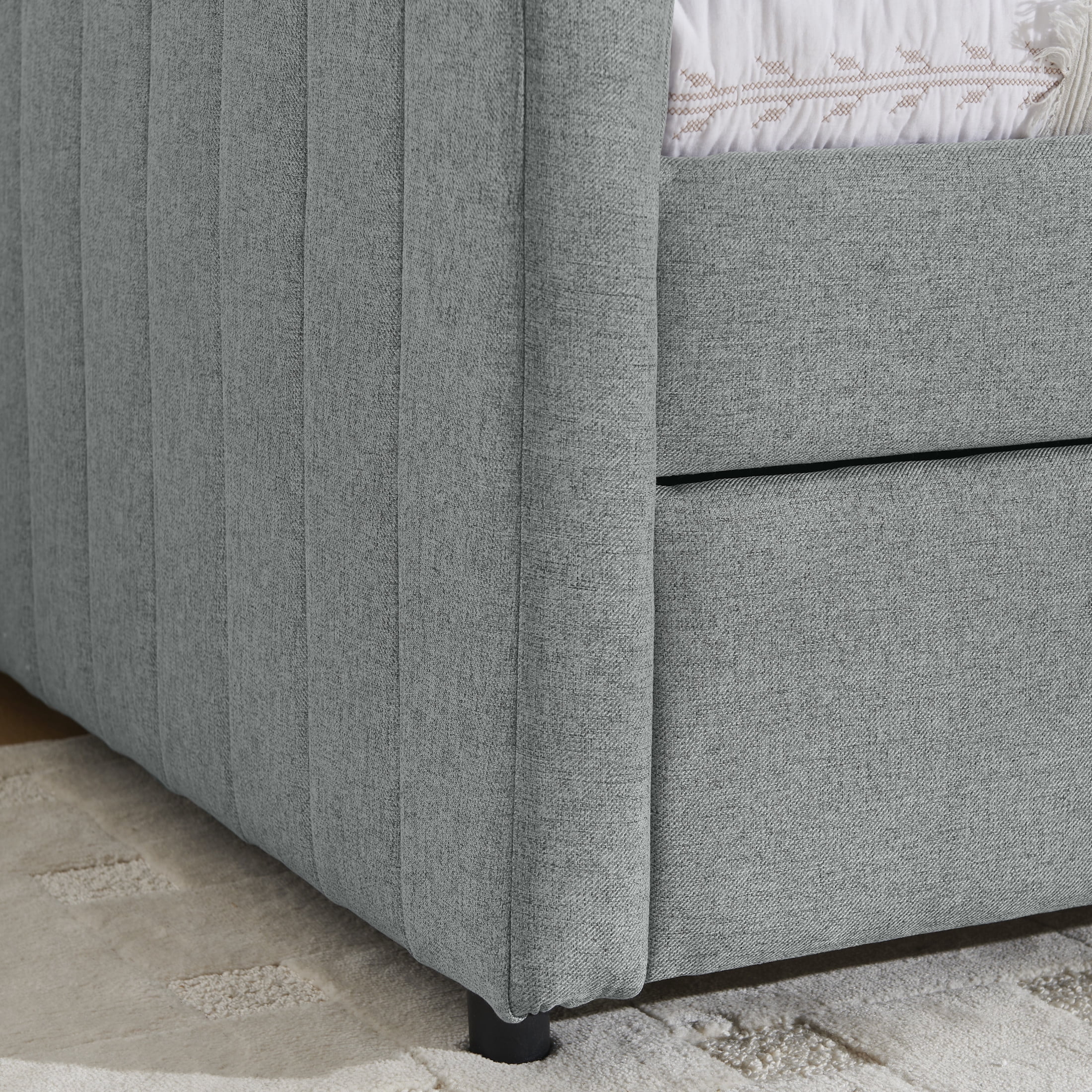 Noble House Marcel Twin-Size Daybed, Vertical Striped Breathable Linen Upholstered Sofa Bed with Hidden Trundle, Grey