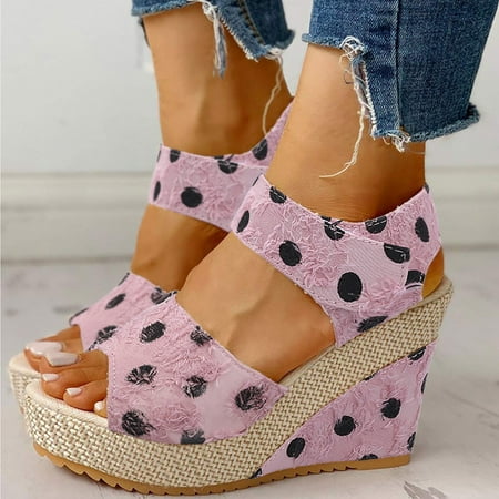 

XIAQUJ Fashion Spring and Summer Women Sandals Thick Sole Wedge Heel High Heel Fish Mouth Open Toe Breathable Comfortable Polka Dot Hook Loop Casual Style Sandals for Women Pink 8(40)