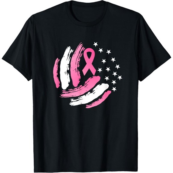 Volleyball Pink Ribbon Breast Cancer Awareness Gift USA Flag T-Shirt