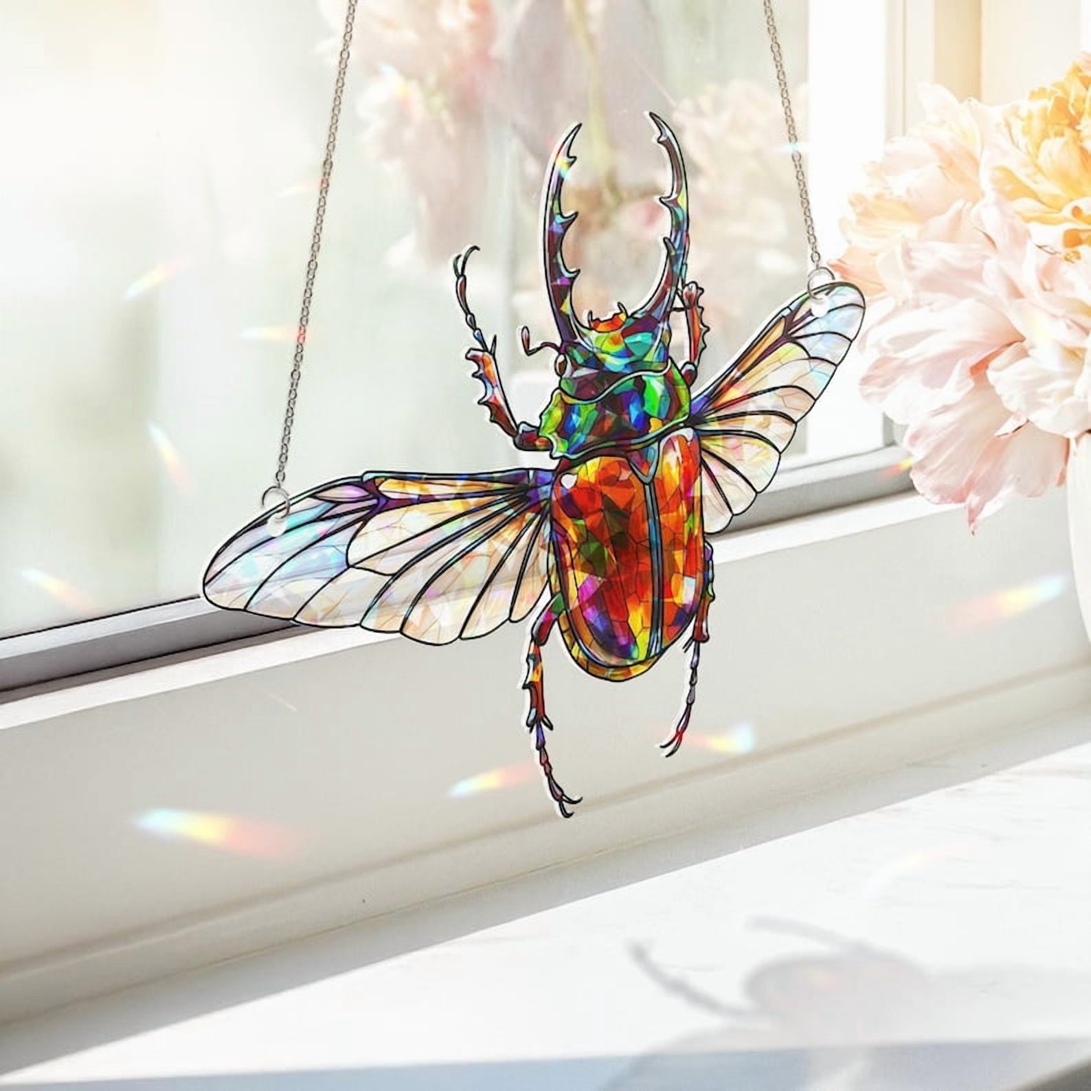 ViciArt Atlas Beetle Acrylic Suncatcher – 12" Holographic Insect Window Hanging, Stained Glass Style Bug Decor with Wings, Rainbow Light Prism Ornament