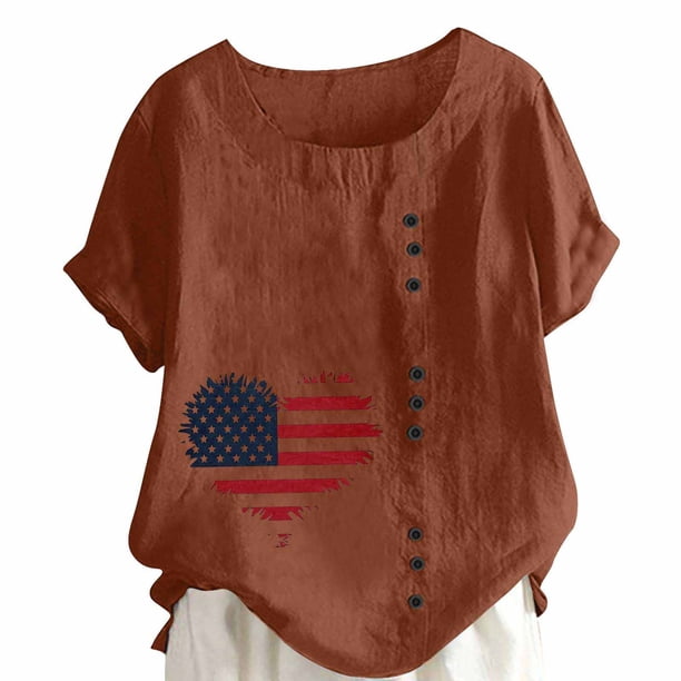 Camiseta Casual de Manga Corta con Botón de Cuello Redondo de las Mujeres, Tops Cortos para las Mujeres