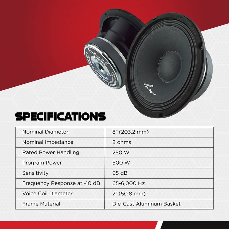 Audiopipe 8 Inch Mid-Range Car Stereo Loudspeaker, 500 Watt MAX, 8 Ohm