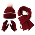 thumbnail image 1 of Conjunto de 3 gorros, bufandas y guantes para niños, color sólido, textura retorcida, bola de peluche decorativa, gorro, bufanda larga y guantes, accesorios elásticos de invierno., 1 of 8