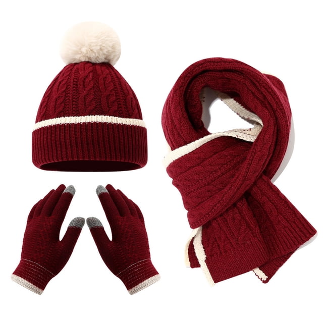 Conjunto de 3 gorros, bufandas y guantes para niños, color sólido, textura retorcida, bola de peluche decorativa, gorro, bufanda larga y guantes, accesorios elásticos de invierno.