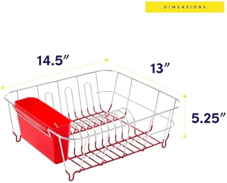 Metal 2 Piece Dish Drying Rack Set Drainer with Utensil Holder Simple Easy to Use Fits in Most Sinks, 14.5" x 13" x 5.25", Red
