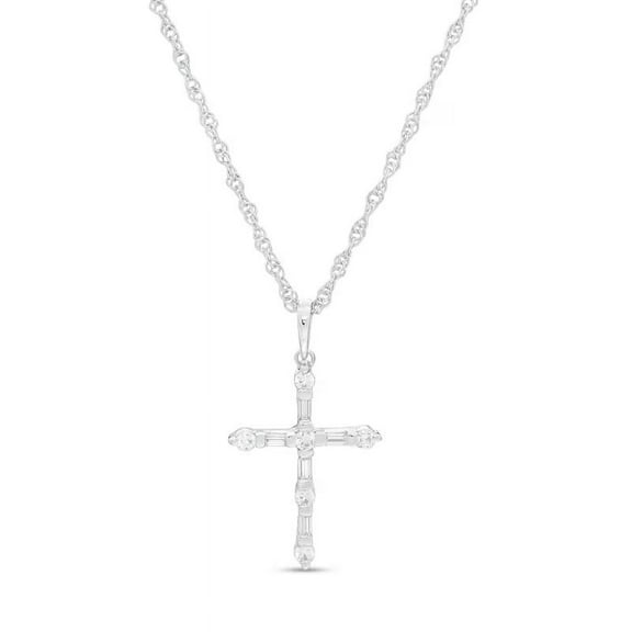 0.70 Carat Round & Baguette Cut Natural Diamond Beautiful Religious Cross Pendant Necklace for Women Solid 14K White Gold With 18 inches chain