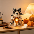 thumbnail image 4 of Decorr Halloween Decorations Indoor - Halloween Resin Bow Ghost Decor, 15" Light Up Star Ghost with Black White Plaid Bow LED Glow Statue, Rustic Patchwork Ghost Halloween Desktop Ornament, 4 of 5