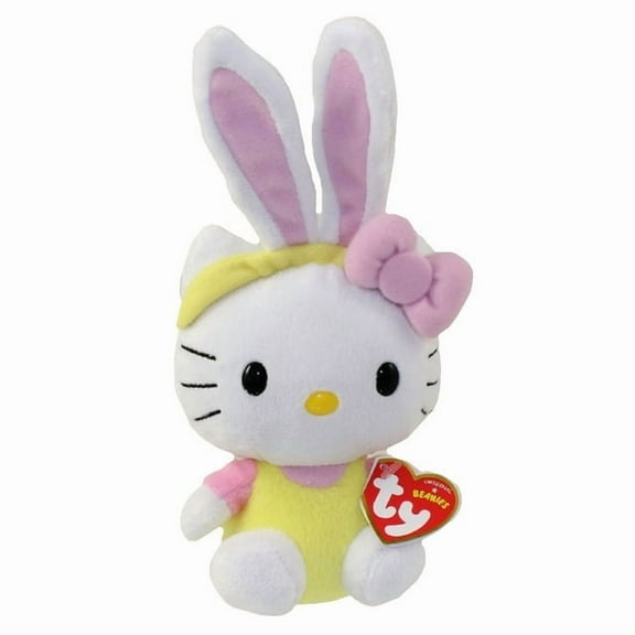 TY Beanie Baby - HELLO KITTY 6" Plush ( Easter Bunny Yellow Overalls )(BONUS ONE RANDOM TY ERASER)