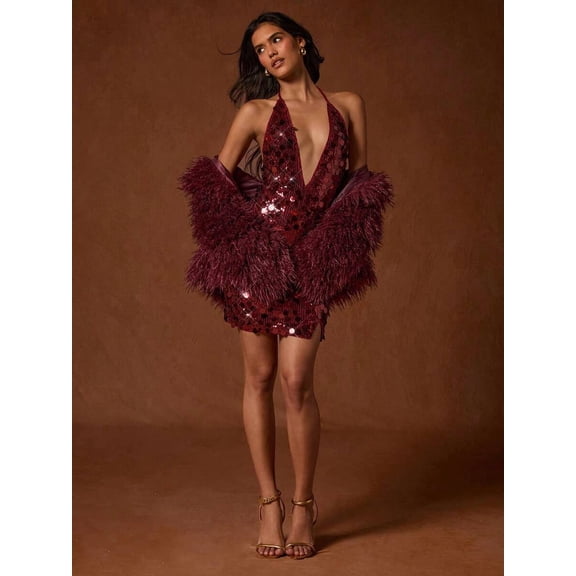 Women Burgundy Sequin Mini Dress Deep V-Neck Halter Neck Backless Party