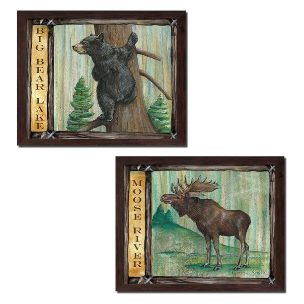 Rustic Moose River and Big Bear Lake; Cabin Lodge Decor; Two 14x11in