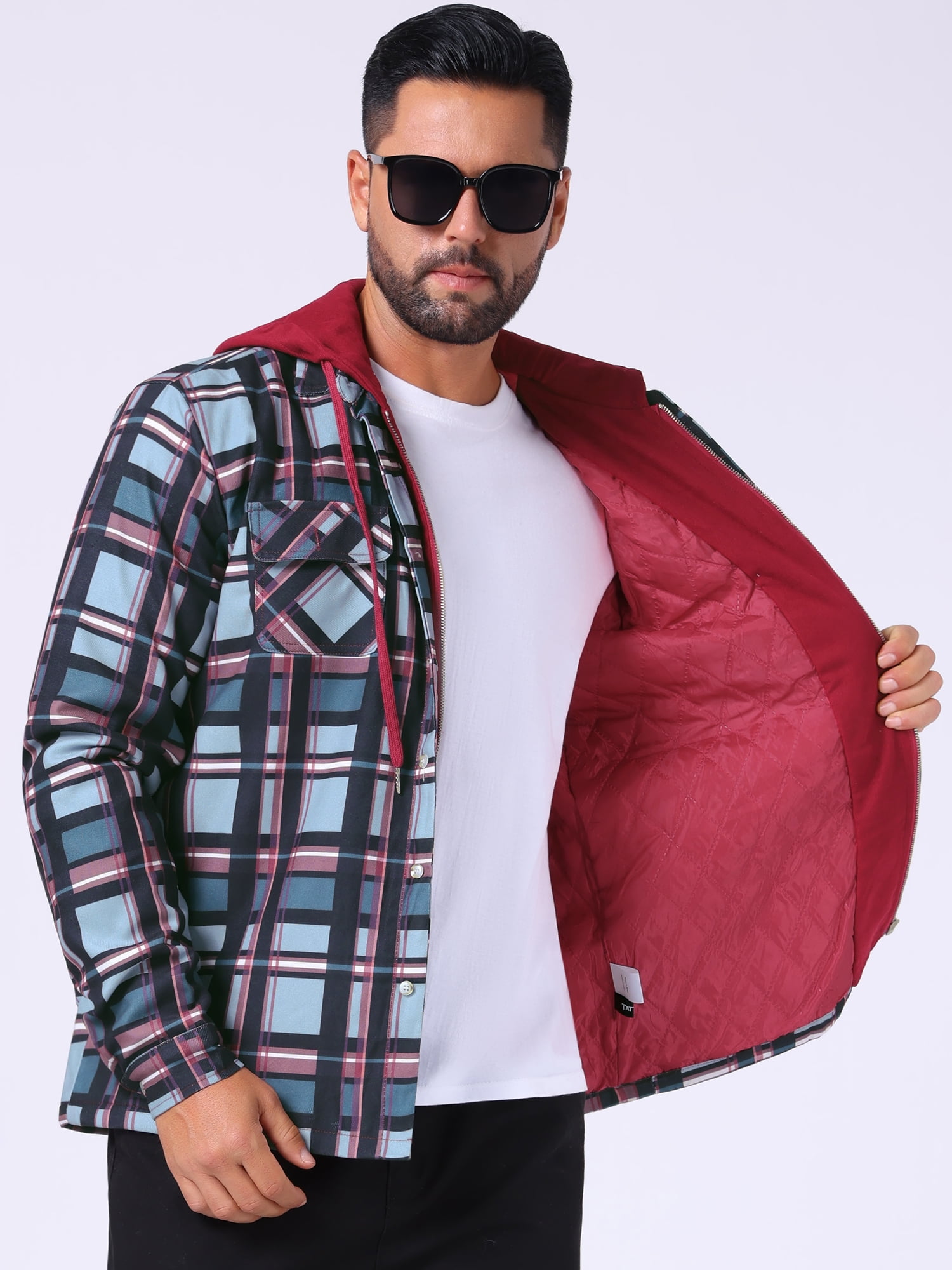 DARING DIVA Shirt Jacket Drawstring Hooded Plaid Shacket L Red Gray
