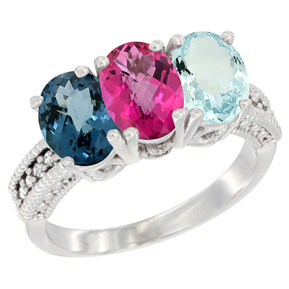 10K White Gold Natural London Blue Topaz, Pink Topaz & Aquamarine Ring 3-Stone Oval 7x5 mm Diamond Accent, sizes 5 10 by WorldJewels