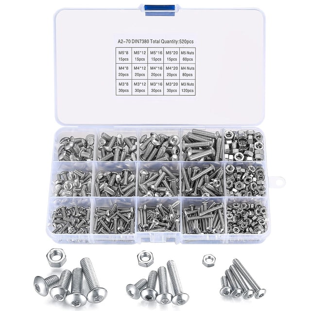 520 Pcs Vis avec Écrous, Vis de Tête Hexagonale en Acier Inoxydable M3/M4/M5 avec Boulons et Écrous, Assortiment de Têtes Rondes et de Boutons