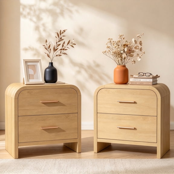 Vintagearth Nightstand Set of 2, 23.42" Wide Modern Curved Bedside Tables, 2 Drawer Storage End Tables, Natural Oak