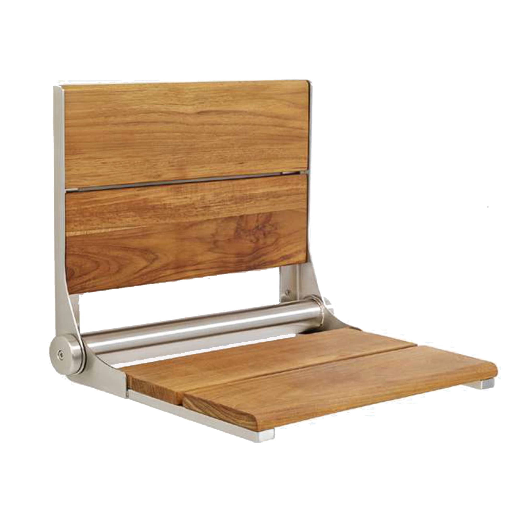 Teak Shower Seat - Contour Wood / Folding Wall Mount Bench for Inside Shower / ADA Safety Assist / 304 Stainless Steel / Brushed Finish / 26" x 16"