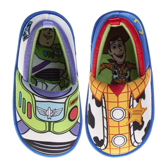 Disney Toy Story Slippers for Kids Woody and Buzz Plush Warm Soft Aline Comfy Lightweight House Shoes, Red Blue, Size: 7 8