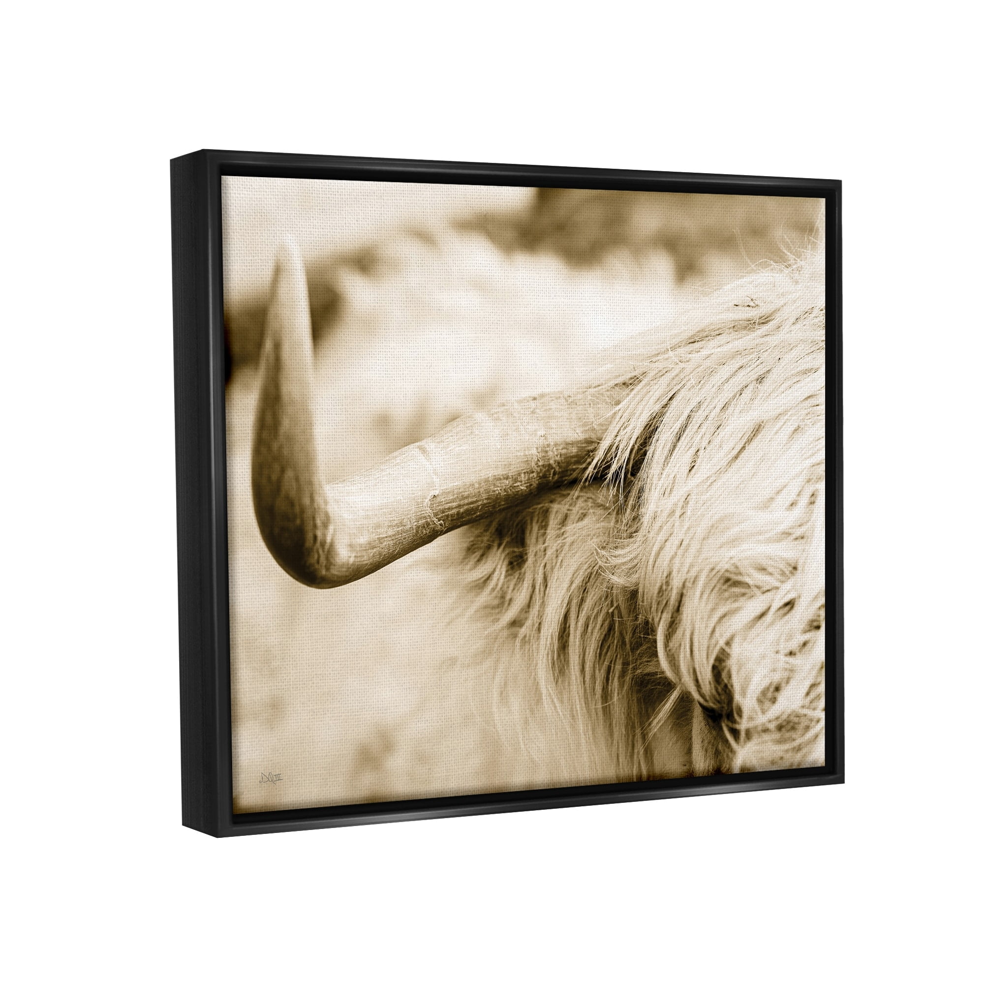 Stupell Industries Beautiful Longhorn Highland Cattle Horn Sepia Photography Photograph Jet Black Floating Framed Canvas Print Wall Art, Design by Donnie Quillen