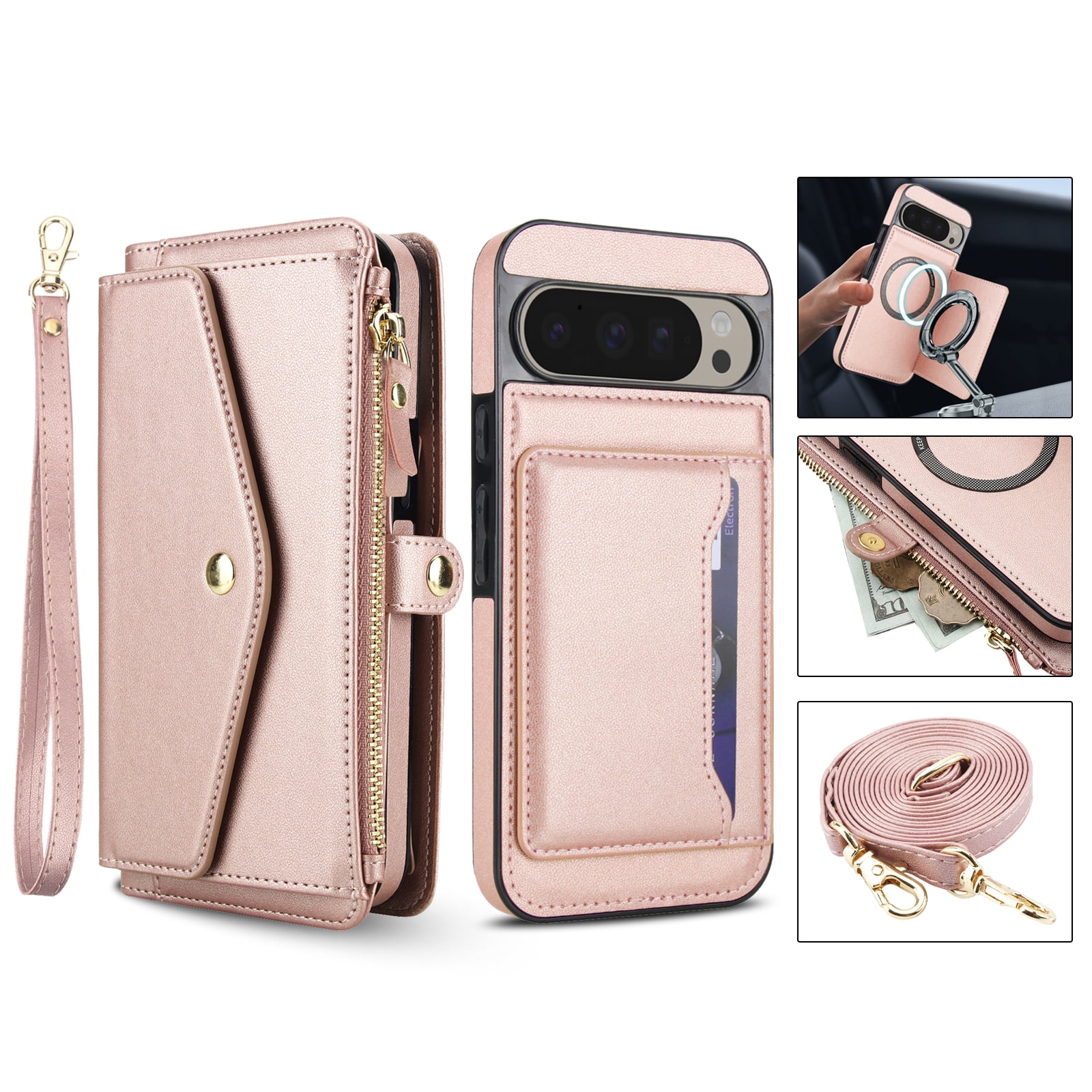 Designed for Google Pixel 8 Multi-Function Wallet Phone Case,With Shoulder Strap&Wrist Strap,Cash Pocket&Card Slots,Zipper Purse,Magnetic Detachable PU Leather Flip Phone Case,Rosegold