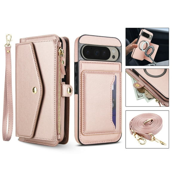 For Google Pixel 9 / 9 Pro Crossbody Wallet Phone Case,Magnetic Detachable Flip,With Shoulder Strap&Wrist Strap,Zipper Pocket,Card&Cash Slots,PU Leather Shockproof Rugged Phone Case,Rosegold