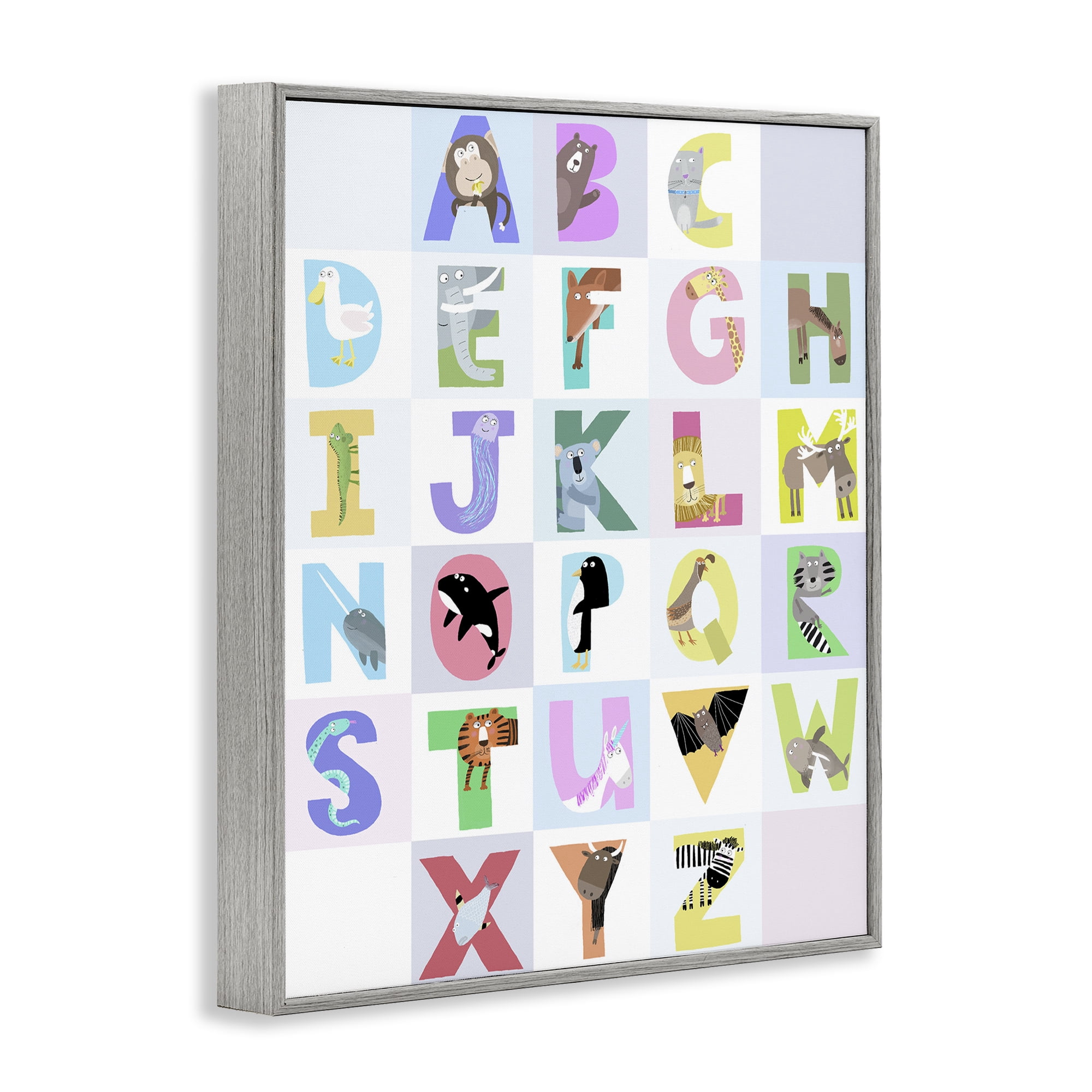 Stupell Industries Animal Alphabet in Light Grey Gray Framed Giclee Art, design by Carla Daly