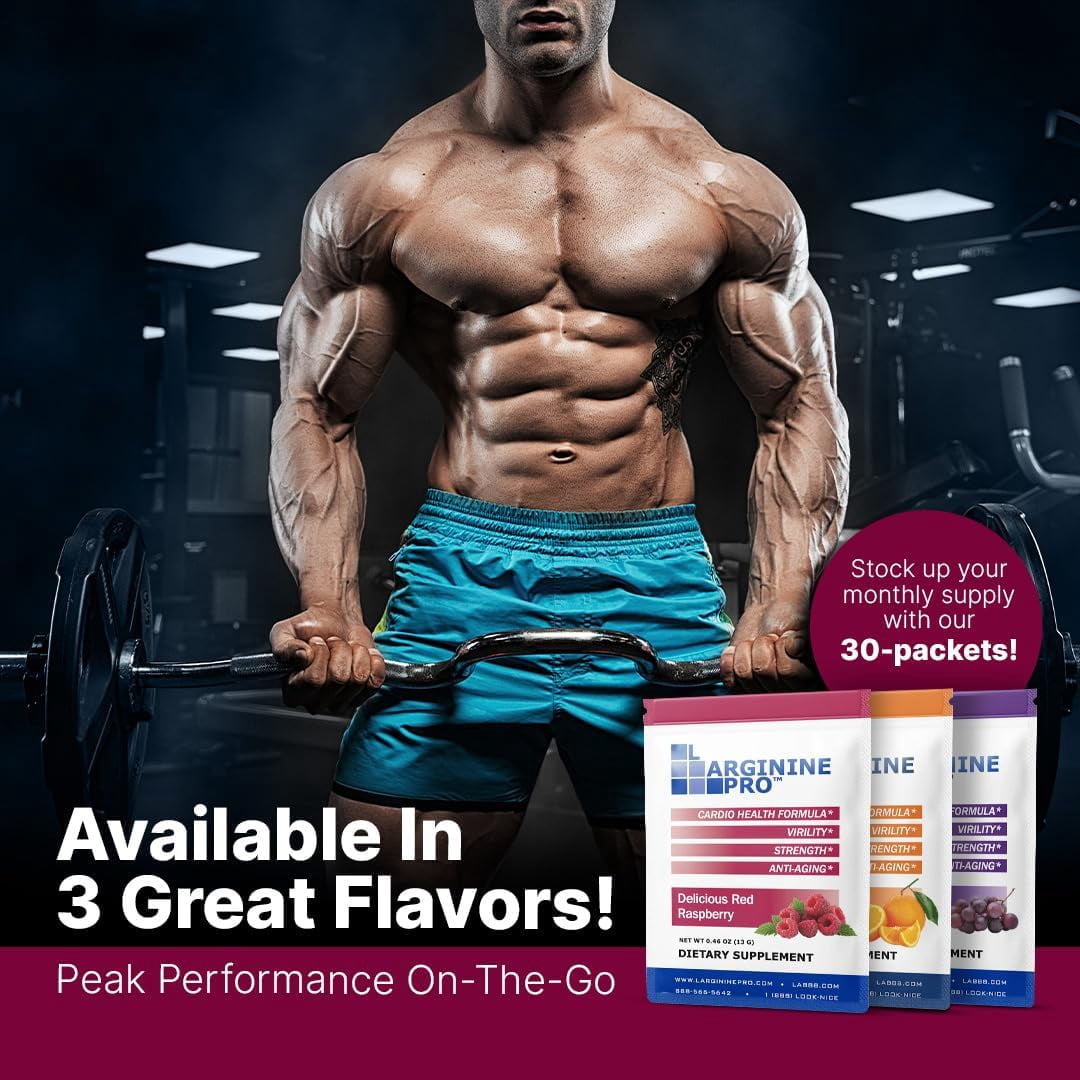 L-Arginine Pro Powder - 5500mg L-Arginine, 1100mg L-Citrulline Cardio Health - Raspberry / Orange, 2 Bags (60 Packets)