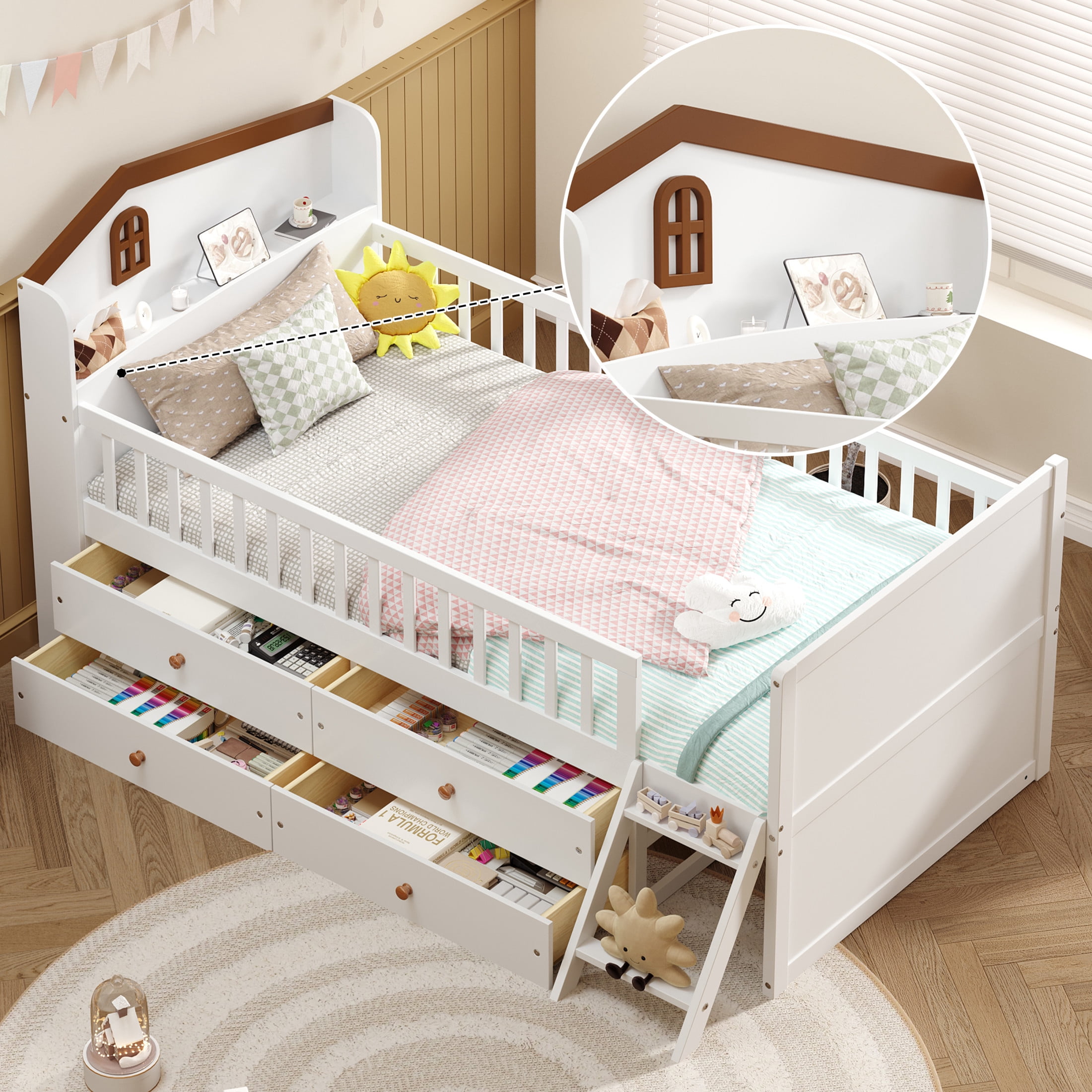 Noble House Twin Bed Frame with 4 Storage Drawers, House Headboard and Guardrails, White