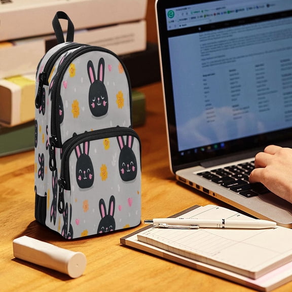 Backpack Pencil Case, 3 Compartment Large Capacity Oxford Fabric Pencil Pouch / Midnnight Buny Smile
