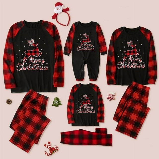 TIMIFIS Conjuntos de pijamas familiares a juego Pijamas navideños con camiseta de manga larga con ciervo y pantalones a cuadros Ropa de estar por casa para mujeres/hombres/niños/parejas/adultos/bebés