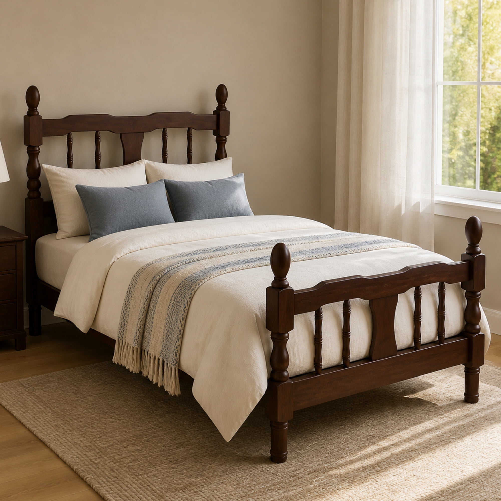 MODERNLUXE Wood Twin Size Platform Bed Retro Bed Frame with Spindle Headboard & Footboard Easy Assembly Dark Walnut