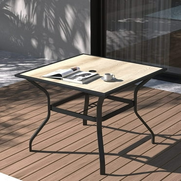 Domi Outdoor Patio Dining Table Square Metal Table with Umbrella Hole and Wood-Look Tabletop for Porch,Garden,Backyard,Balcony(37''x37'')