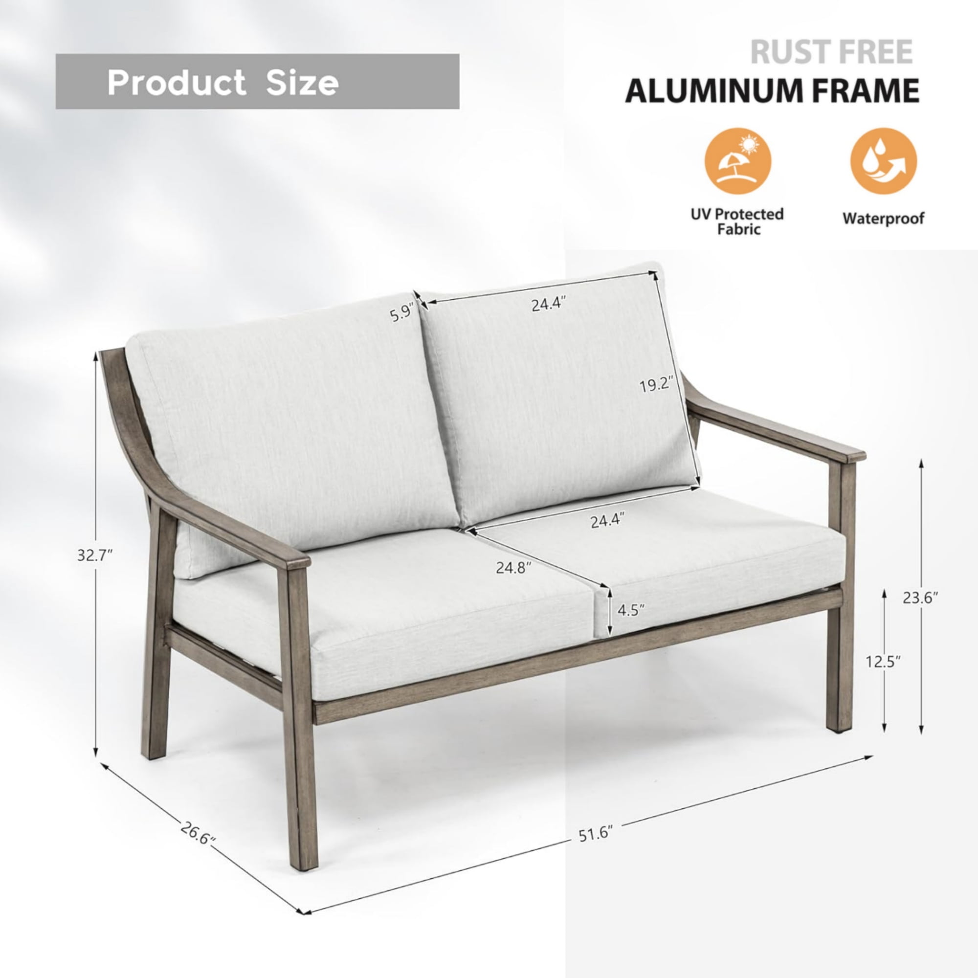 T-Patio Aluminum Outdoor Loveseat, All Weather Patio 2-Seater Sofa, Grey, Set of 1