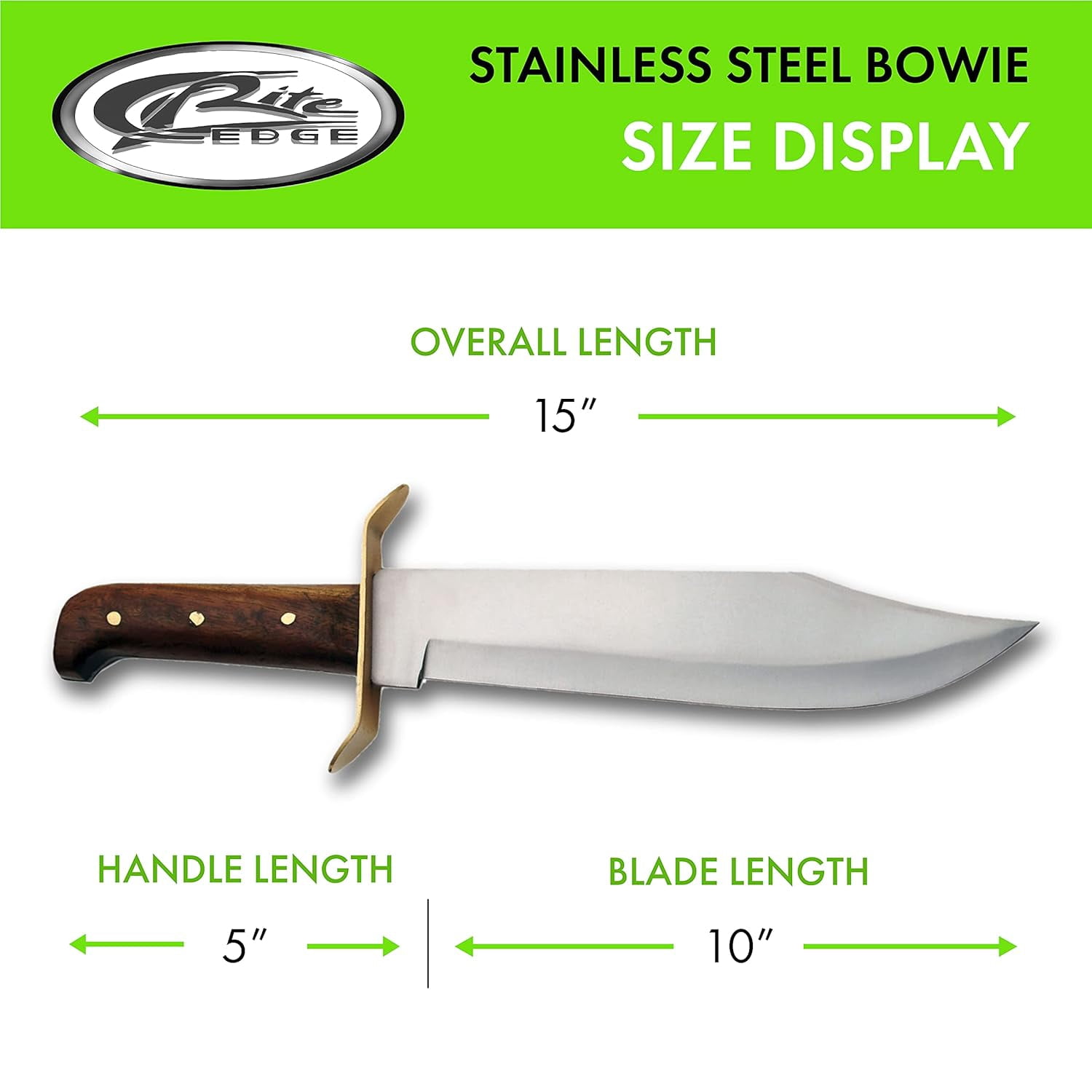 SZCO Supplies 15” Full Tang Bowie Style Fixed Blade Knife with Stainless Steel Blade, Wooden Handle, Brass Guard, and Leather Sheath