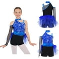 thumbnail image 2 of Aislor Girls Ballet Skirted Bodysuit Sequins Performance Jumpsuit Asymmetrical Latin Jazz Dance Dress Leotard Royal Blue 8, 2 of 7