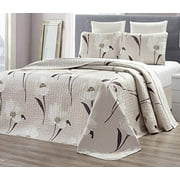 3-Piece Fine Printed Oversize (118" X 95") Quilt Set Reversible Bedspread Coverlet (California) Cal King Size Bed Cover (Taupe, Brown, White Tulip Floral)